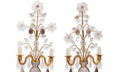 A pair of gilt metal, rock crystal wall sconces
