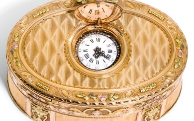 A JEWELLED FOUR-COLOUR GOLD SNUFF BOX WITH INTEGRATED TIMEPIECE, PROBABLY HANAU, CIRCA 1775