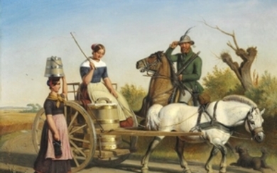 Nicolai Habbe: The hunter greets the milkmaids driving home from the market. Signed Habbe. Oil on canvas. 63 x 78 cm.