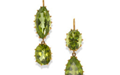 A pair of peridot and 18k gold ear pendants,, Renee Lewis