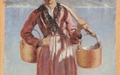 Wenzel Tornøe: An Italian woman carrying water. Signed and dated W. T. Malcesine 16/8 78. Oil on canvas laid on board. Sheet sie 25 x 15 cm. Unframed.