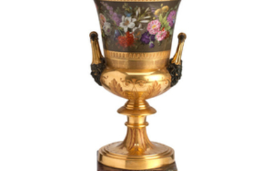 A large Paris porcelain flower painted and gilt campana vase