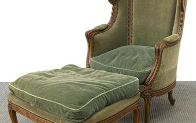 (2) FRENCH LOUIS XV STYLE BERGERE & FOOTSTOOL
