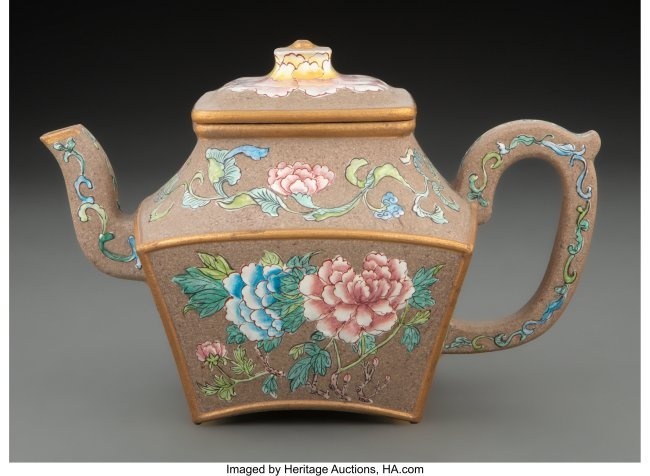 78068: A Chinese Enameled Ceramic Teapot Marks: four-ch