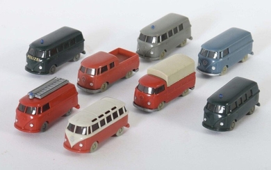8 VW buses Wiking, M: 1:87, 1 x 321 VW T1 Kasen, matt blue-grey; 1 x 325 VW T1 Sambabus, papyrus white/red; 2 x 326 VW T1 flatbed, burgundy/beige, A-pillars missing; 1 x 327 VW T1 double cab, red ( Catalog: wine-red); 1 x 1034 VW T1 Bus Rotkreuz...