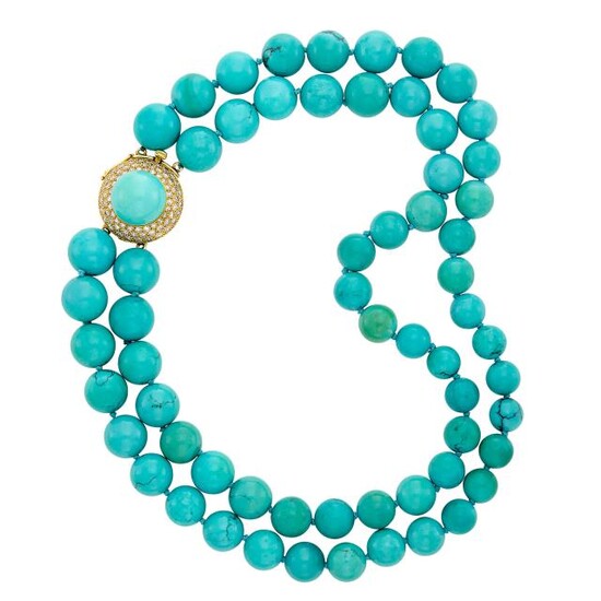 Double Strand Turquoise Bead Necklace with Gold-Plated White Gold, Turquoise and Diamond Clasp