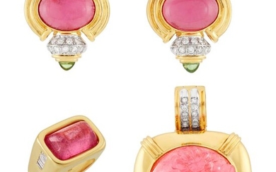 Pair of Gold, Pink Tourmaline, Diamond and Peridot Earrings, Pendant and Ring
