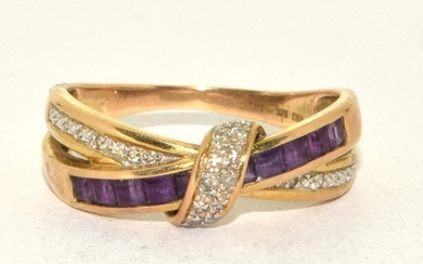 9ct gold ladies Diamond and amethyst twist ring Hall marked ...