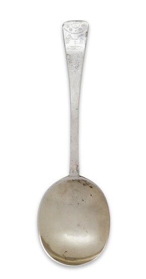 A 17th century West Country silver Puritan spoon, Exeter, c.1660, Edward Anthony, prick dated 1662 to reverse of bowl above the initials TR over H, floral design prick dot engraved to front of terminal, light gilding to bowl, 18.8cm long, approx...