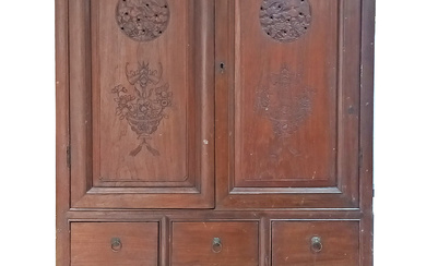 A 19th early 20th century carved teak Peranakan Chinese kitchen cabinet