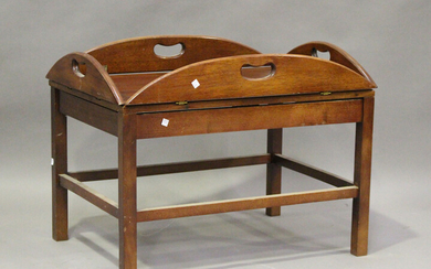 A 20th century reproduction mahogany butler's tray and stand, height 147cm, width 95cm, depth 7