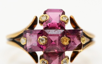 A 9ct gold garnet and diamond chip dress ring, two settings ...