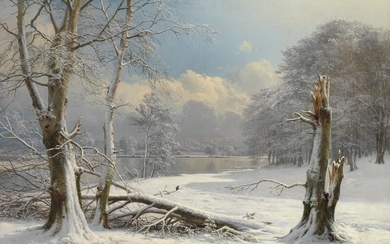 A. Andersen-Lundby: Winter landscape at a forest lake. Signed and dated A. Andersen 1874. Oil on canvas. 70×97 cm.