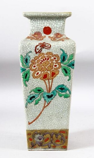 A CHINESE SQUARE FORM CRACKLE GLAZE VASE, painted with