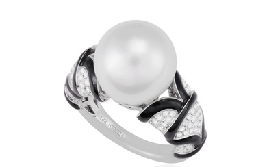 A CULTURED PEARL, ENAMEL AND DIAMOND DRESS RING Centring a ...