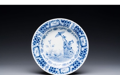 A Chinese blue and white plate with 'Parasol ladies' after C...