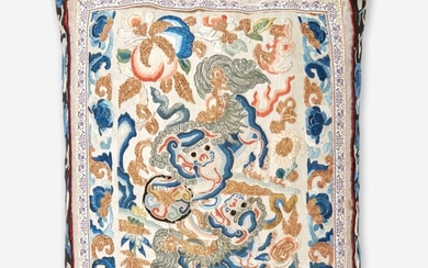 A Chinese embroidered silk "Buddhist Lions" panel, mounted as a pillow 刺绣太狮少狮画片嵌枕头 The panel Qing Dynasty 画片为清代