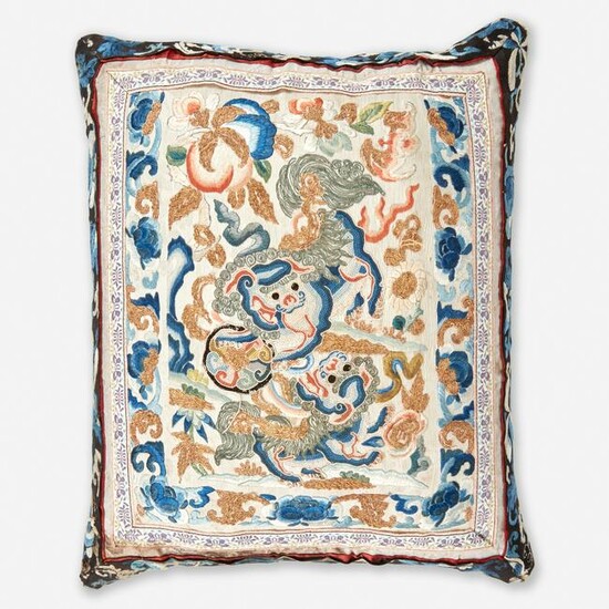 A Chinese embroidered silk "Buddhist Lions" panel