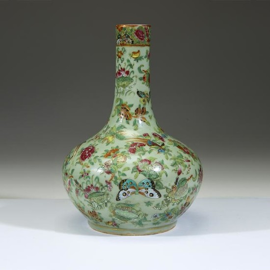 A Chinese export famille rose-decorated celadon-ground