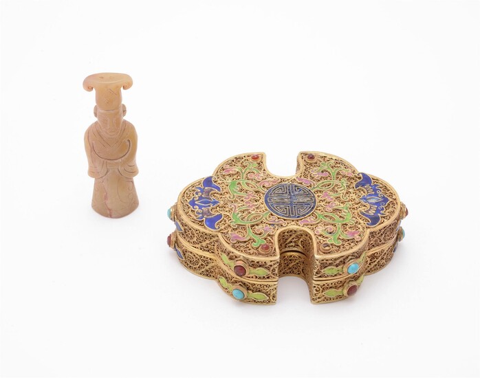 A Chinese gilt filigree box and a jade figure