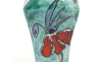 A Cobridge waisted vase of squared form with floral