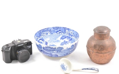 A Copeland Spode bowl and ladle, a copper urn with lid and a Tamashi S-1000F camera.