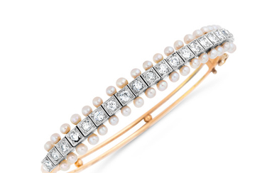 A Diamond, Cultured Pearl, Platinum and Gold Bangle Bracelet