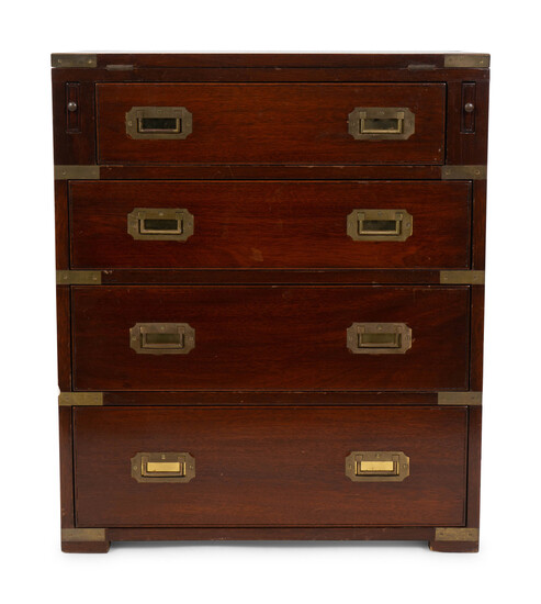 A Diminutive English Campaign Style Brass Mounted Mahogany Chest of Drawers