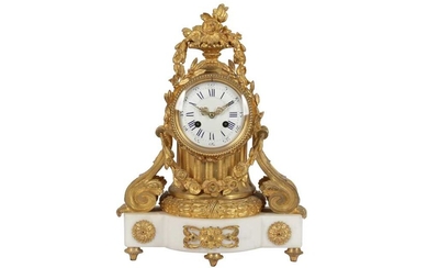 A FRENCH EIGHT DAY GILT BRONZE AND WHITE MARBLE MANTEL CLOCK, 19TH CENTURY