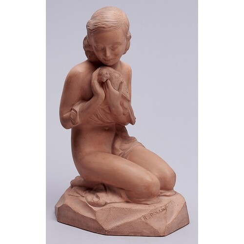 A French terracotta sculpture of a semi naked maiden tenderl...