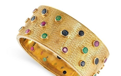 A GEM SET BANGLE the hinged cuff of textured design