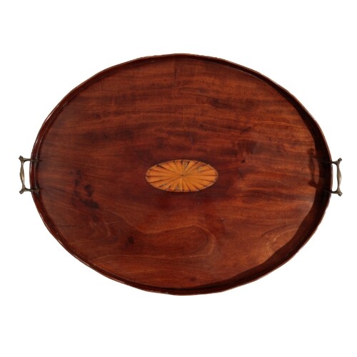 A GEORGE III MAHOGANY OVAL TRAY with a satinwood patera to t...