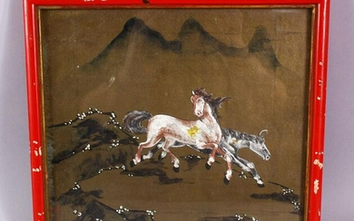A GOOD CHINESE PAINTING OF TWO HORSES IN A LANDSCAPE