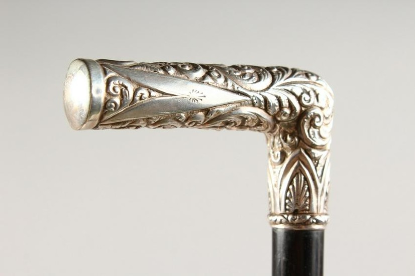 A GOOD SILVER HANDLED WALKING STICK with acanthus