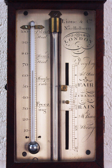 A George III mahogany stick barometer, the silvered brass dial with vernier and mercury thermometer