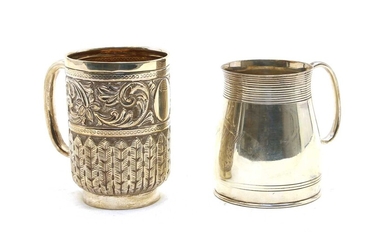 A George V silver mug of milk can shape and reeded border by Mappin & Webb