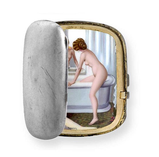 A German Silver Cigarette-Case with Concealed Erotic Plaque With Crown and Moon Standard Mark, Circa 1920, The Enamel Plaque After Ferdinand von Reznicek