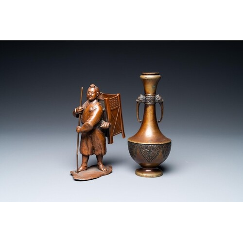 A Japanese bronze okimono and a vase, Meiji, 19th C.Descript...