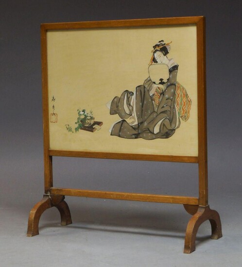 A Japanese fire screen, 20th century, in mahogany frame with panel depicting a bijin holding a fan, ink and colour on silk, signed and sealed, 73.cm high, 62cm wide