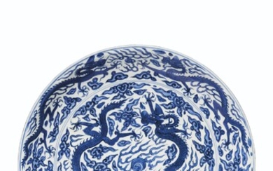 A LARGE BLUE AND WHITE 'DRAGON' DISH, WANLI SIX-CHARACTER MARK IN UNDERGLAZE BLUE WITHIN A DOUBLE CIRCLE AND OF THE PERIOD (1573-1619)