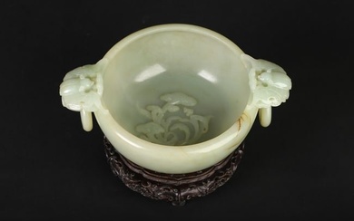 A LARGE GREENISH WHITE JADE 'LINGZHI' WASHER AND STAND