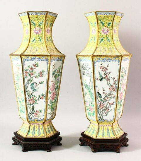 A LARGE PAIR OF CHINESE ENAMEL VASES & STANDS, the