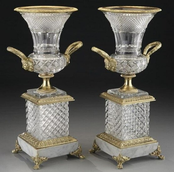 A LARGE PAIR OF DORE BRONZE AND CUT CRYSTAL VASES