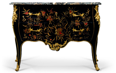 A LOUIS XV ORMOLU-MOUNTED BLACK, RED AND GILT CHINESE LACQUER BOMBE COMMODE