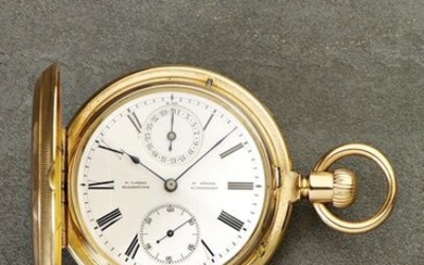 A. Lange & Söhne Glashütte B/Dresden, Movement No. 15193, Case No. 15193, 55 mm, 161 g, circa 1882 An extremely rare Glashuette hunting quarter repeating pocket watch with date, with Lange extract from the archives - sold on 04/04/1882 for 1,068 Mark...