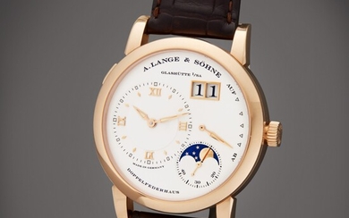A. Lange & Söhne Lange 1 Moon Phase | A pink gold wristwatch with digital date display, moon phases, and power reserve indication, Circa 2014 | 朗格 Lange 1 Moon Phase 粉紅金腕錶備數字日期、月相及動力儲存顯示，製作年份約 2014