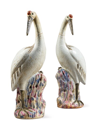 A Large Pair of Chinese Export Figures of Cranes, Qing Dynasty, Qianlong Period | 清乾隆 粉彩仙鶴擺件一對