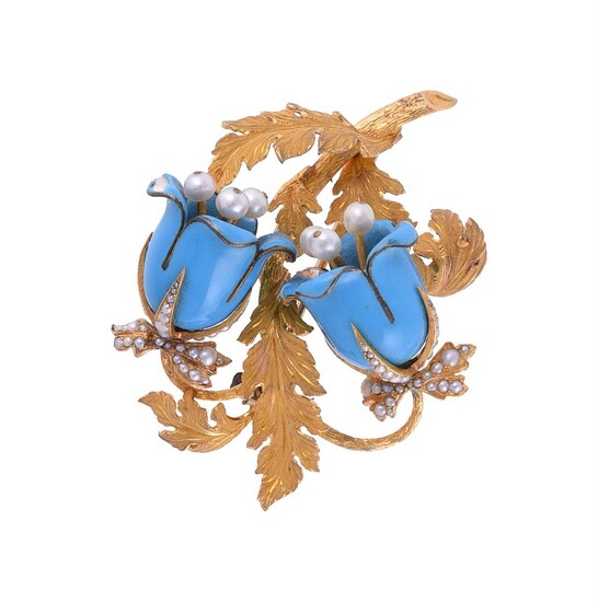 A MID 20TH CENTURY BLUE ENAMEL AND CULTURED PEARL FLOWER BROOCH