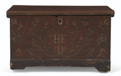A MINIATURE PINE AND MAPLE POLYCHROME PAINT-DECORATED CHEST, PROBABLY SOUTHEASTERN NEW ENGLAND, 1730-1760