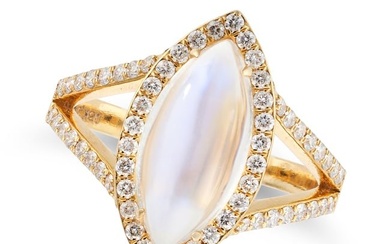 A MOONSTONE AND DIAMOND RING set with a marquise shaped cabochon moonstone in a border of round cut